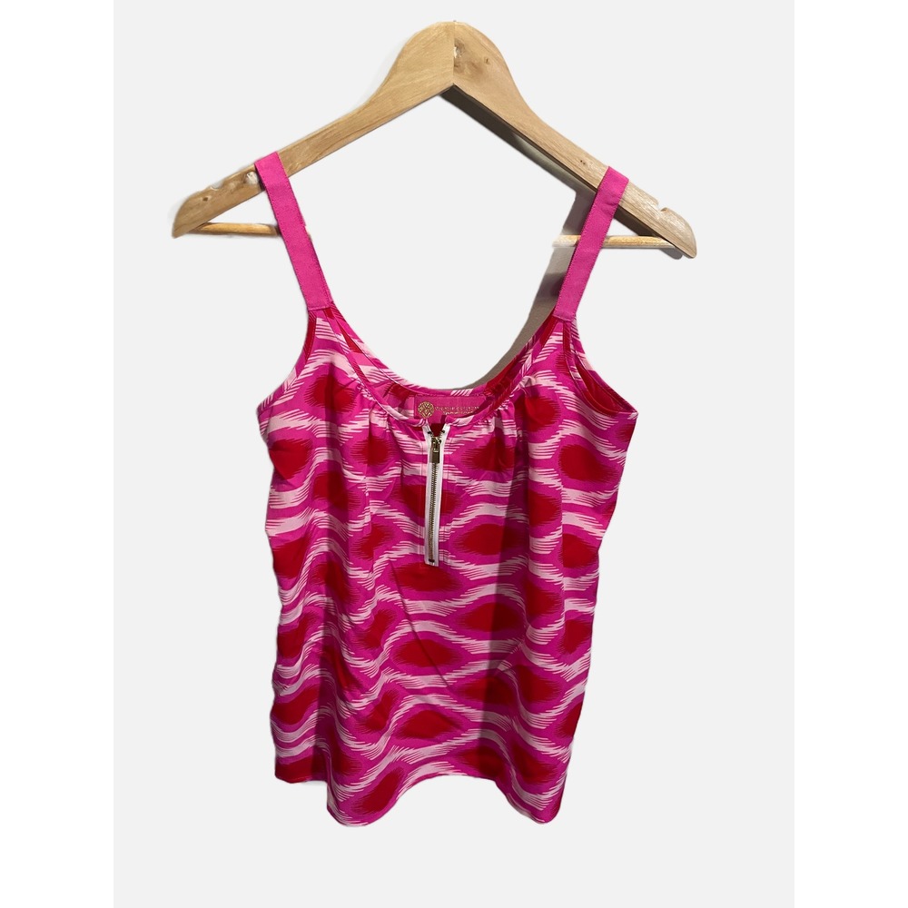 Macbeth Collection Zip Tank‎ Womens XS Pink White Ikat Print Camisole Preppy Top
